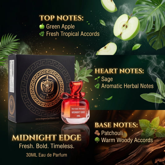 A perfume bottle and its box displayed on a dark promotional background with scent notes. The product is a small red glass perfume bottle with a gold label reading 'THE PERFUMED MIDNIGHT EDGE,' next to a black box with gold Greek key detailing.