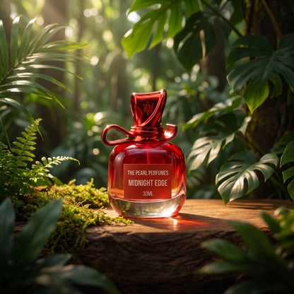 A red glass perfume bottle labeled 'THE PEARL PERFUMES MIDNIGHT EDGE 30ML' sits on a wooden surface surrounded by lush green tropical plants in a sunlit outdoor setting.