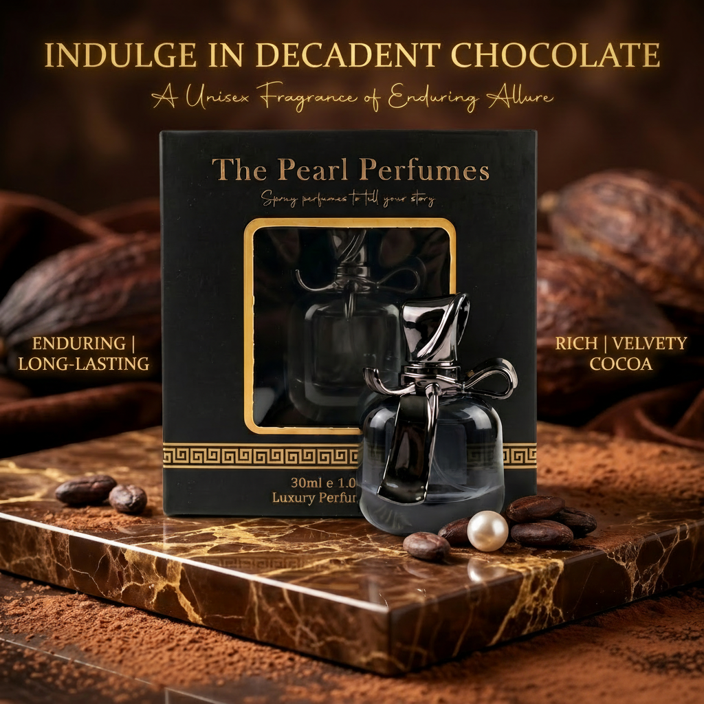 The Pearl Perfumes luxury chocolate scent, featuring a black glass bottle with a bow and a matching black box with gold accents, styled on a marble slab with cocoa beans and chocolate pieces against a dark brown background.