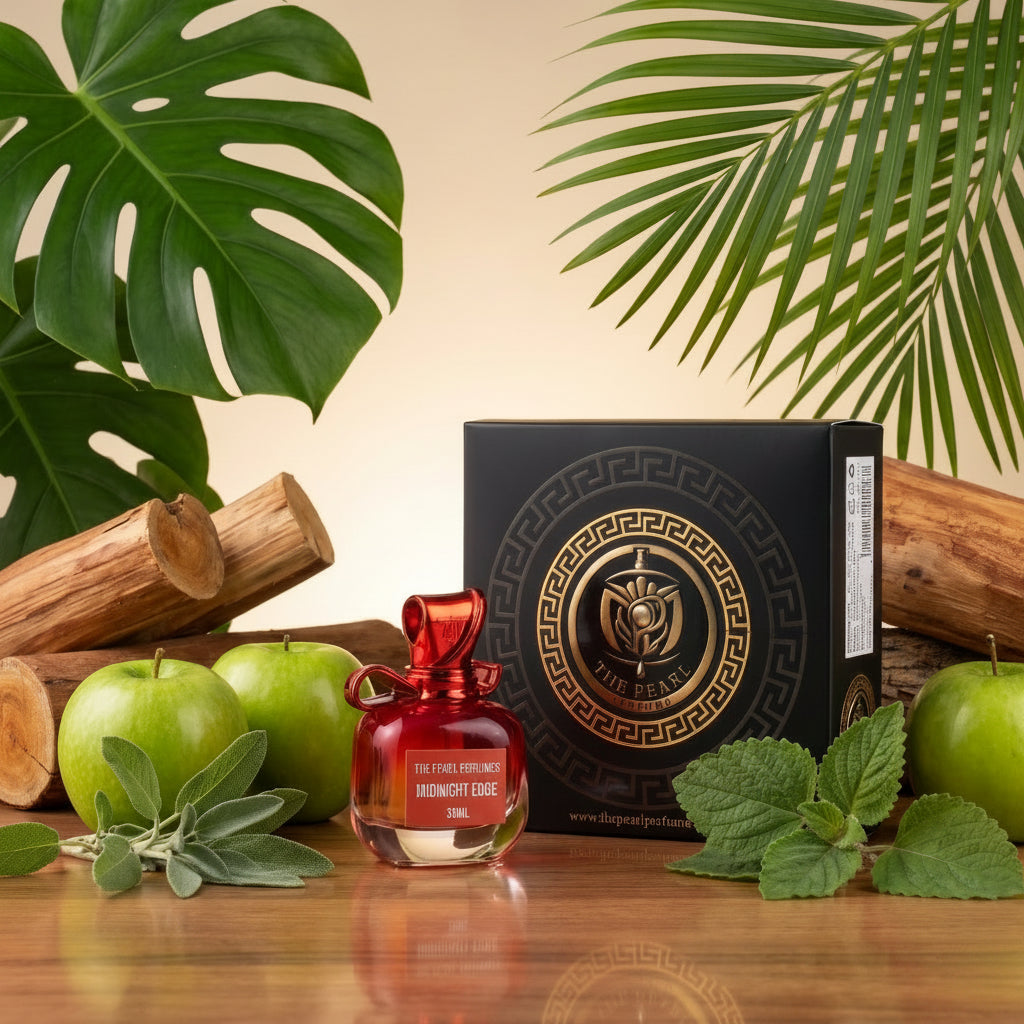 A perfume bottle and its black gift box with gold detailing, styled on a wooden surface with green apples, mint leaves, logs, and tropical leaves against a beige background.