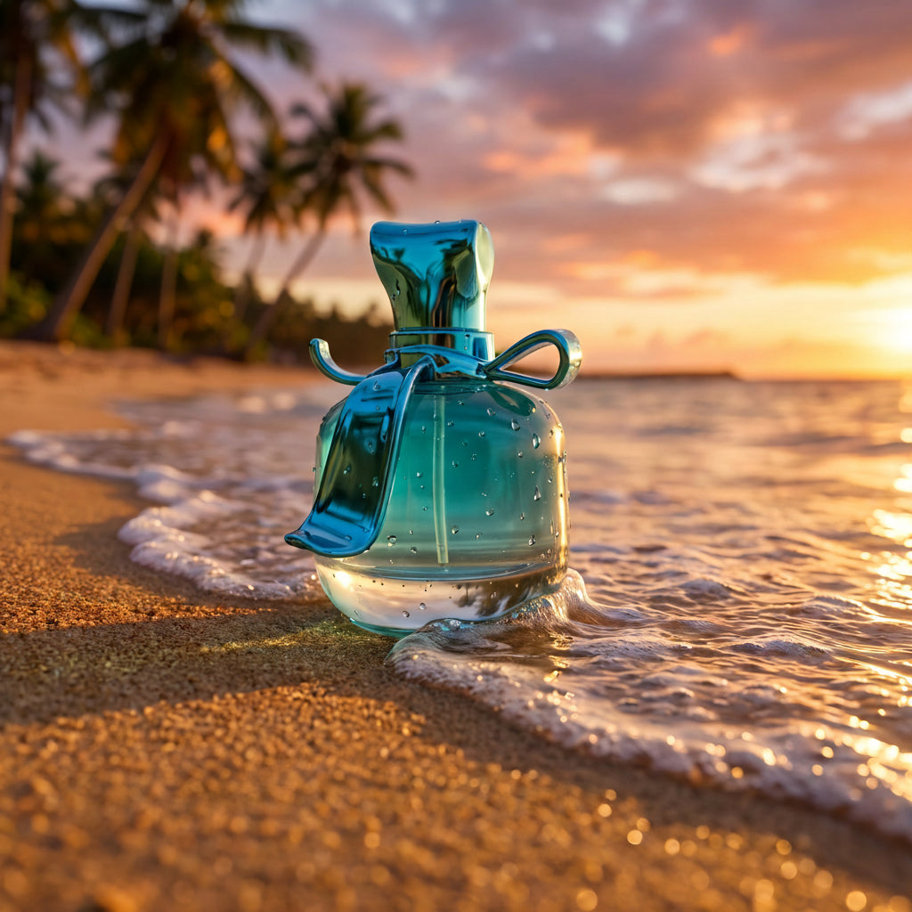 A translucent turquoise perfume bottle sits on a sandy beach at sunset, with ocean waves washing around it and palm trees blurred in the background.
