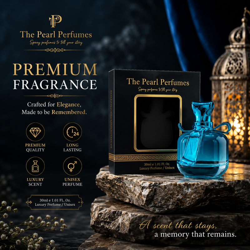 The Pearl Perfumes Premium Fragrance advertisement showing a black rectangular box and a translucent blue perfume bottle placed on stacked stone blocks, with decorative lanterns and smoke in the background. Text on the left reads 'PREMIUM FRAGRANCE' and includes product claims and scent descriptors.
