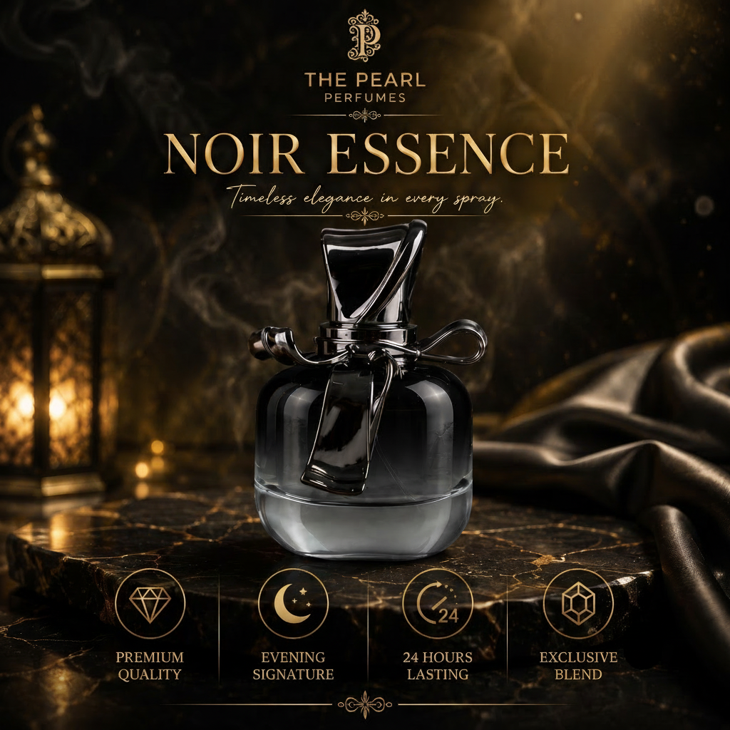 A bottle of Noir Essence perfume by The Pearl Perfumes, featuring a dark glass bottle with a black cap and silver bow, set on a dark marble surface with draped satin and a lantern in the background.
